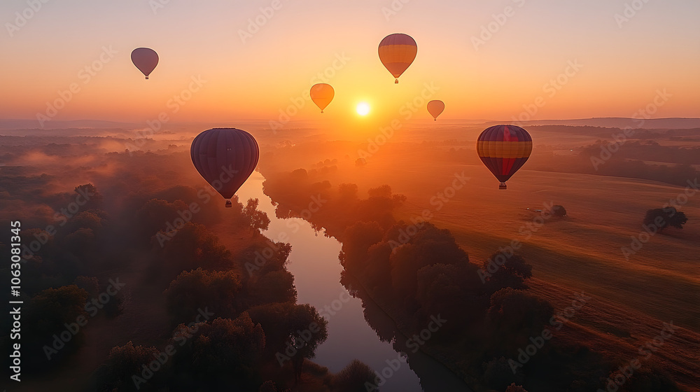 Colorful Hot Air Balloons Floating Over the Countryside at Sunrise with Scenic Views
Colorful Hot Air Balloons Floating Over the Countryside at Sunrise with Scenic Views