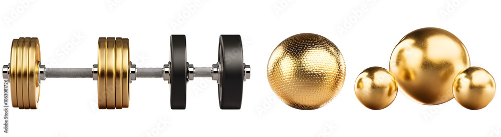 Fototapeta premium Set of gold sports equipment. Golden weight, dumbbells, shaker, fitball. Isolated on a transparent background.