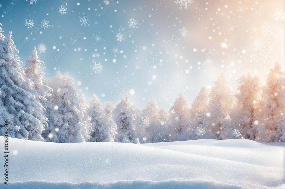 Fototapeta premium background - winter illustration with snowflakes falling onto trees