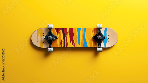 Skateboard with colorful paint splatters on deck against a vibrant yellow background, showcasing art and urban culture influence.