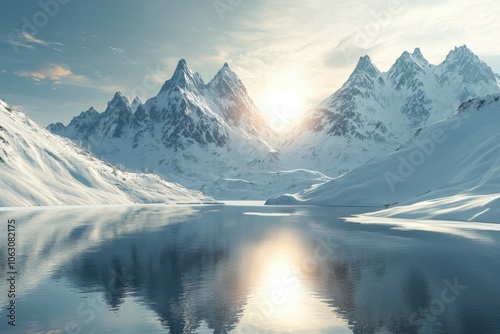 Snow-covered mountain peaks reflecting sunlight, creating a stunning winter landscape that exudes calmness and pristine beauty