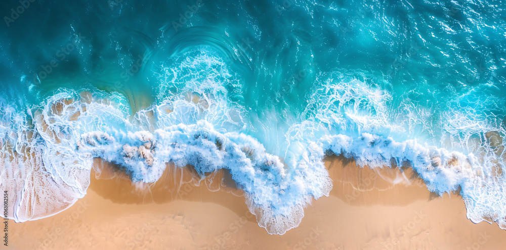 Fototapeta premium Aerial view of turquoise sea and beach with waves, top down perspective,