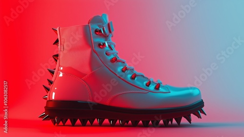 Stylish spiked fashion boots showcased under dramatic lighting in a vibrant color scheme reflecting modern urban trends photo