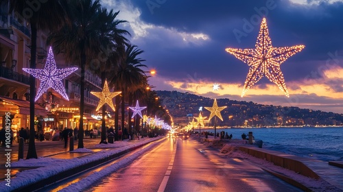 Fototapeta Naklejka Na Ścianę i Meble -  Christmas star lights brighten the streets of Nice on the Cote d'Azur in France.