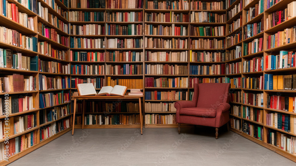 Cozy reading corner featuring a wooden table with open books and a plush armchair surrounded by shelves filled with colorful books.