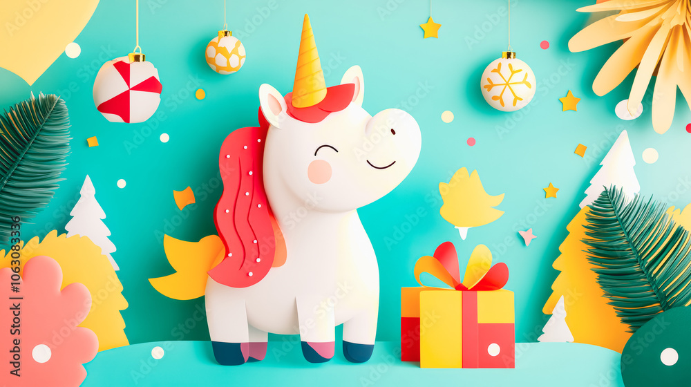 Naklejka premium Christmas Unicorn Papercraft Delight 