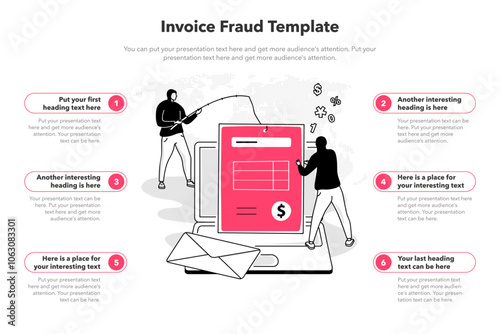 Simple infographic template for invoice fraud. 6 stages template with a laptop computer, two hackers and a manipulated fake invoice.