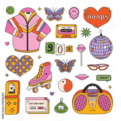 Groovy doodle hand drawn Y2k set with symbols from 90s, 00s. Retro aesthetic clipart of sport jacket, radio, electronic toy, butterfly, disco ball, cassette, roller skate. Nostalgia for 1990s vibe