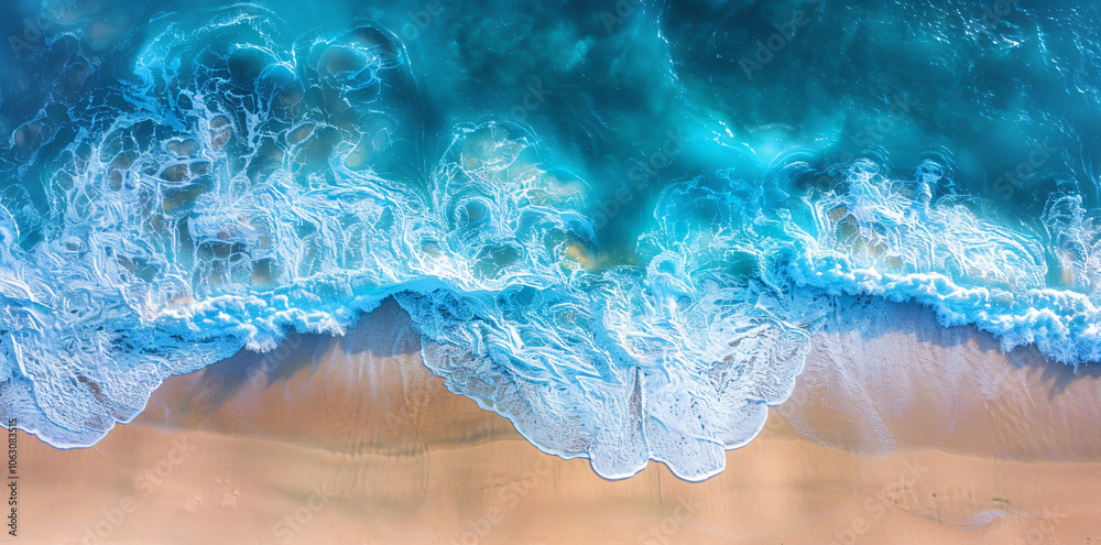 Aerial view of turquoise sea and beach with waves, top down perspective, Aerial view of turquoise sea and beach with waves, top down perspective,