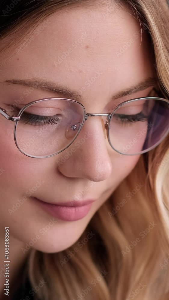 Close up portrait of a friendly and smiling Caucasian young adult woman in the office. Concept of a successful entrepreneur. Vertical video. Close up portrait of a friendly and smiling Caucasian young adult woman in the office. Concept of a successful entrepreneur. Vertical video.