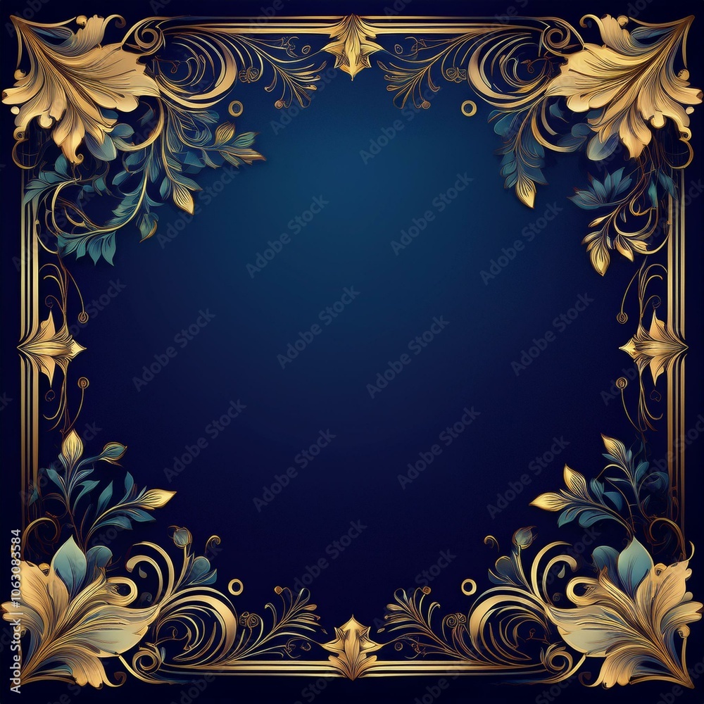 A stylish blue background featuring gold decorations in all corners, creating an ornate and classic look for event or certificate use A stylish blue background featuring gold decorations in all corners, creating an ornate and classic look for event or certificate use