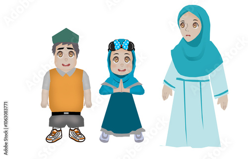 Family Funny Cartoon Moslem traditional blue Polcadot orange green cute   photo