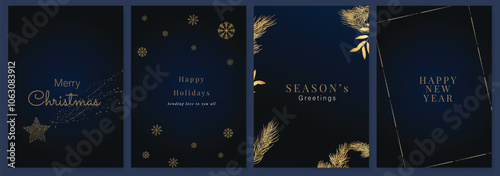 Luxury Happy Holidays invitation card design vector. Elegant Happy New Year card with leaves branch, gold foil texture on navy blue background. Design for Season's Greeting, christmas, cover, poster.