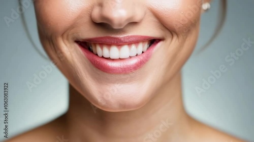 Bright white smile close-up of a woman with natural makeup and healthy teeth