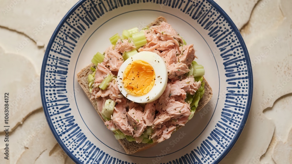 top down fresh tuna and celery salad on toasted bread with halved boiled egg atop top down fresh tuna and celery salad on toasted bread with halved boiled egg atop