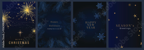 Luxury Happy Holidays invitation card design vector. Elegant Happy New Year card with leaves branch, gold foil texture on navy blue background. Design for Season's Greeting, christmas, cover, poster.