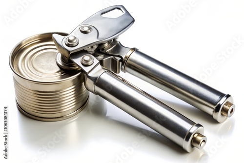 Essential Can Opener Equipment for Effortlessly Opening Cans in Culinary Settings Isolated on a Crisp White Background Perfect for Food Photography and Kitchen Supplies photo