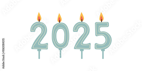 2025 New Year and Merry Christmas holiday party celebrating, greeting card vector illustration. Hand drawn flat style, 2025 candle numbers with fire, candlelight decor on white background