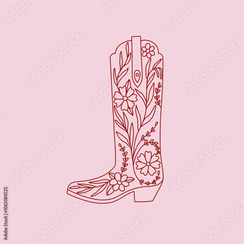 Retro coquette Cowgirl boot with floral elements on pink background. Cowboy western and wild west theme. Hand drawn vector.