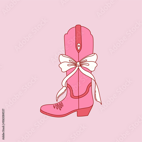 Retro coquette Cowgirl boot with bow on pink background. Cowboy western and wild west theme. Hand drawn vector.