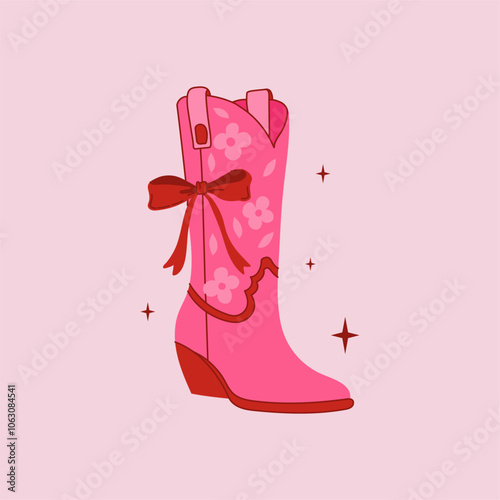 Retro coquette Cowgirl boot with bow on pink background. Cowboy western and wild west theme. Hand drawn vector.