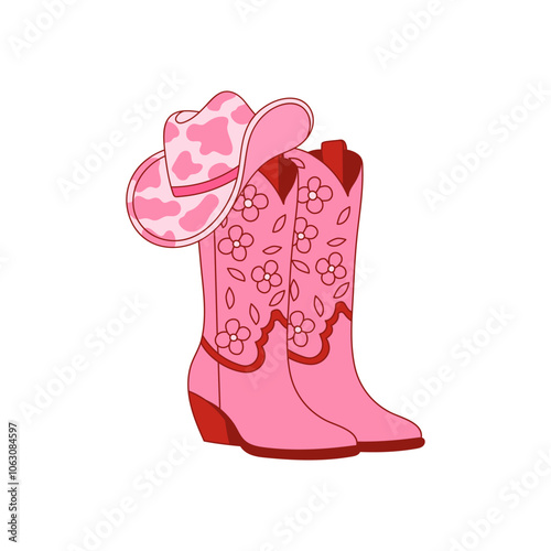 Retro Cowgirl boots with cute pink hat. Cowboy western and wild west theme. Valentine Day. Vector isolated design for postcard, t-shirt, sticker etc.