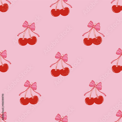 Seamless abstract pattern with cherries and coquette bows. Editable vector illustration for wrapping paper, packaging, fabric, room decor, phone case etc.