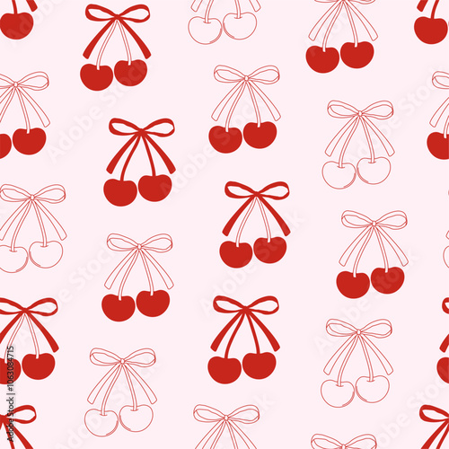 Seamless abstract pattern with cherries and coquette bows. Editable vector illustration for wrapping paper, packaging, fabric, room decor, phone case etc.