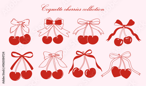 Set of coquette cherries with bow. Various cherry with ribbons. Vector illustration for posters, cards, logo, printing on t-shirt etc.