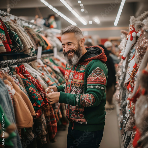 a 50-year-old man chooses a Christmas sweater in a clothing store