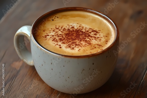 A large, white mug filled with hot coffee sits on an old wooden table. The cup is adorned with brown patterns and has visible roughness around the rim.