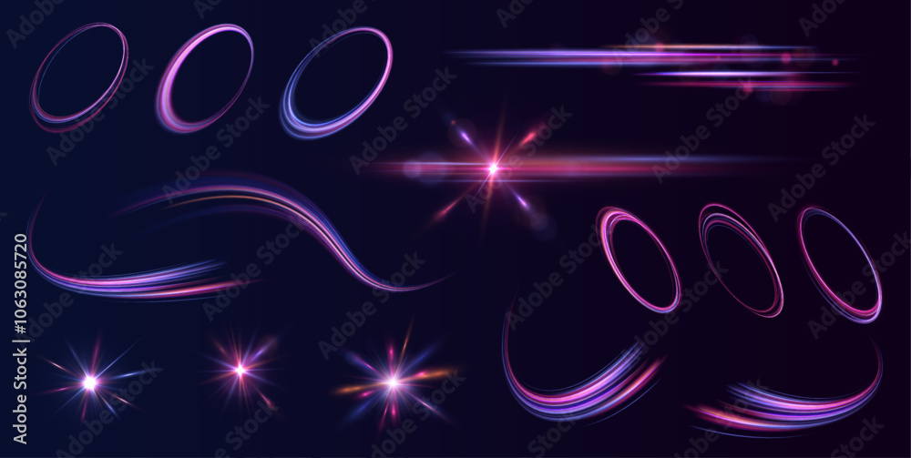 Set of neon lines, blurred into moving spirals. Neon glowing shiny spiral speed lines purple and blue color light effect.