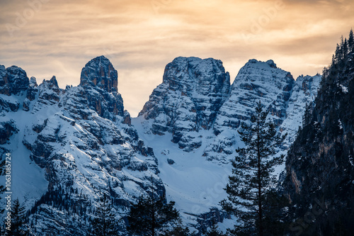 Dolomites at sunset. Winter and clear atmosphere between peaks and spires. Tre Cime di Lavaredo