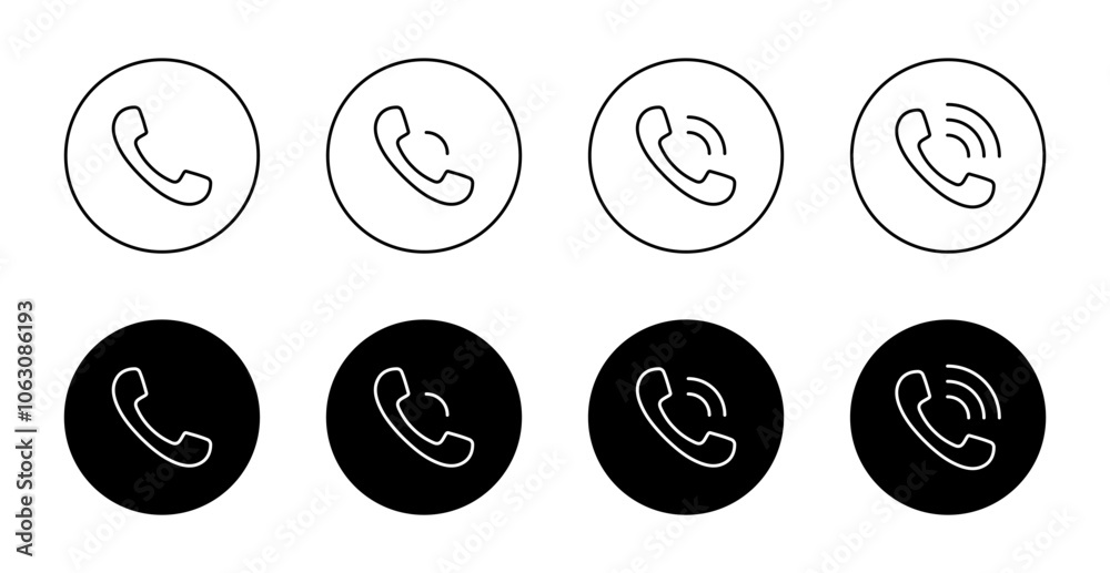 Phone call line icon set on black circle. Handset outline sign symbol Phone call line icon set on black circle. Handset outline sign symbol