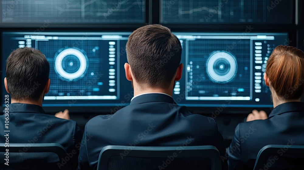 Three professionals analyzing data on screens in a modern office environment, showcasing teamwork and data-driven decision making. Three professionals analyzing data on screens in a modern office environment, showcasing teamwork and data-driven decision making.
