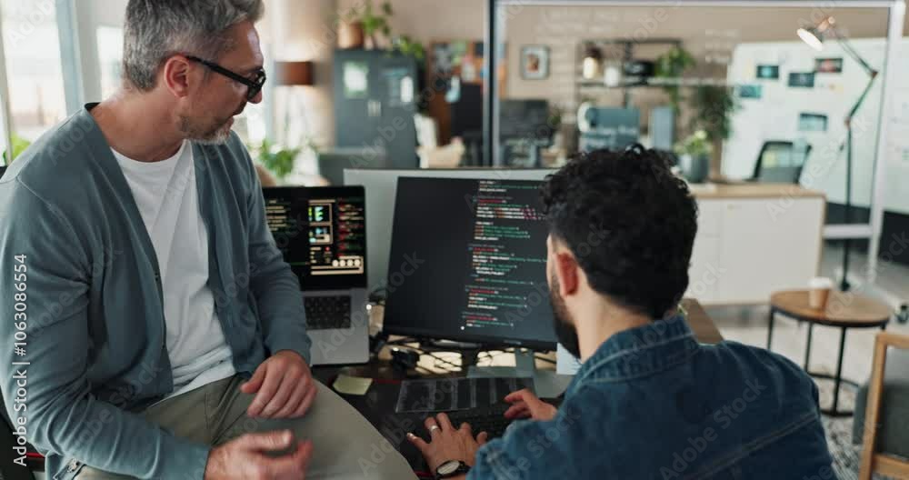 Collaboration, computer screen and programming with business people in office working together. Coding, conversation and discussion with developer team reading machine language in workplace.