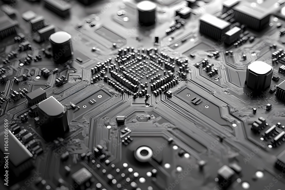 A detailed close-up of an advanced circuit board, showcasing the intricate patterns and components that create its complex design. A detailed close-up of an advanced circuit board, showcasing the intricate patterns and components that create its complex design.