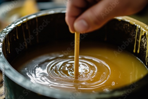 A golden-colored liquid swirls effortlessly in a pot as a hand-held stirring stick moves through it, resembling a blend of warmth, nourishment, and creativity. photo