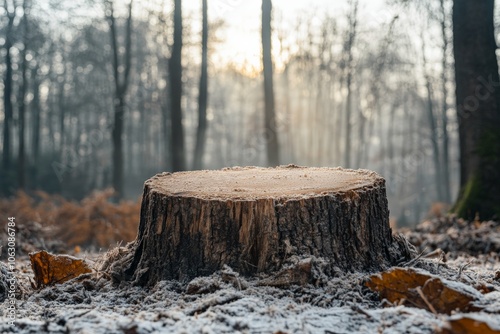 Wallpaper Mural A frost-covered tree stump sits quietly in a winter forest, captured at dawn, highlighting the stark beauty and desolation of a frosty woodland environment. Torontodigital.ca