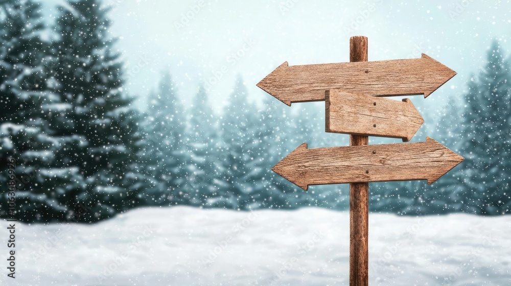 Fototapeta premium Wooden signpost in a snowy landscape, surrounded by pine trees, suggesting direction and adventure in a winter wonderland.