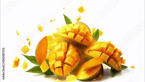 Several whole mangoes and sliced ​​pieces are hung on a white background.