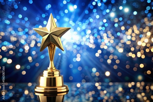 Glamorous Gold VFX Award on Rich Blue Star-Studded Background Perfect for Hollywood Award Shows, Celebrating Drama, Scripts, Cinema, and Celebrity Honors with a Captivating Bokeh Effect photo