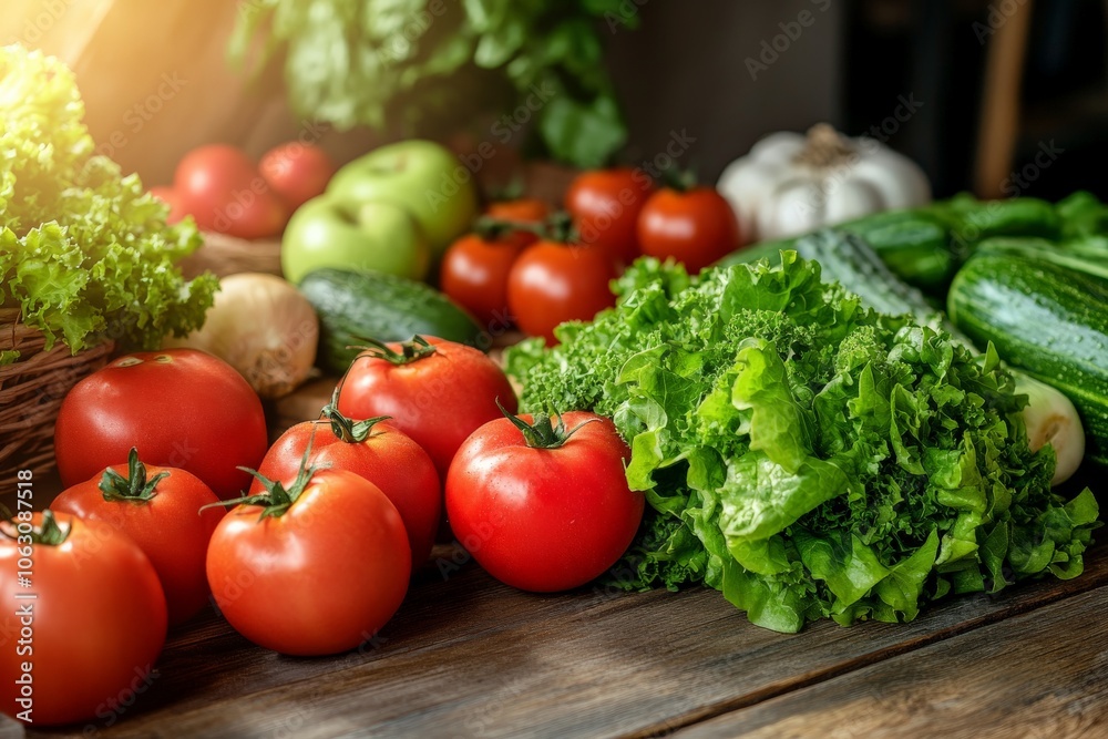 This image shows assorted vegetables, including tomatoes, cucumbers, lettuce, and onions arranged on a wooden table, exemplifying freshness and abundance. This image shows assorted vegetables, including tomatoes, cucumbers, lettuce, and onions arranged on a wooden table, exemplifying freshness and abundance.