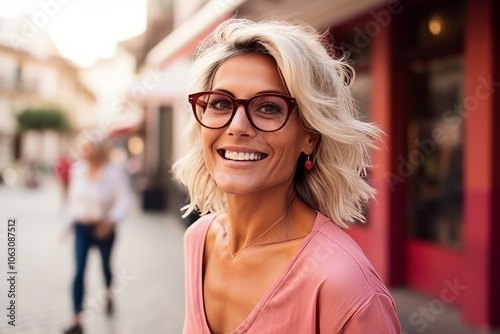 Portrait of a smiling young woman with glasses in the city.