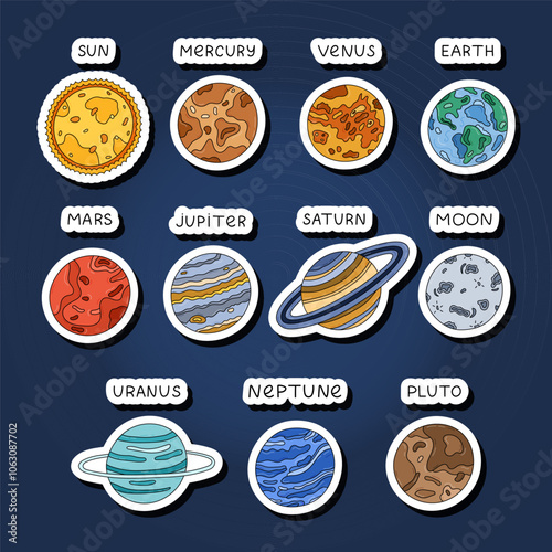 Cute sticker set with childish planets, stars, satellite of Solar System for kids education, decorating of diary, infographic. Ready for print list of hand drawn stickers with celestial bodies.