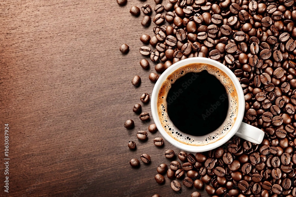 A white coffee cup with a black coffee in it sits on a table with a pile of coff A white coffee cup with a black coffee in it sits on a table with a pile of coff