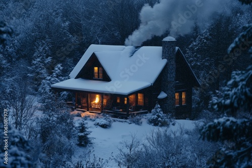 A snug cabin in a snowy landscape emits a warm glow, its chimney gently releasing smoke into the deep forest, creating a picturesque winter haven of comfort.
