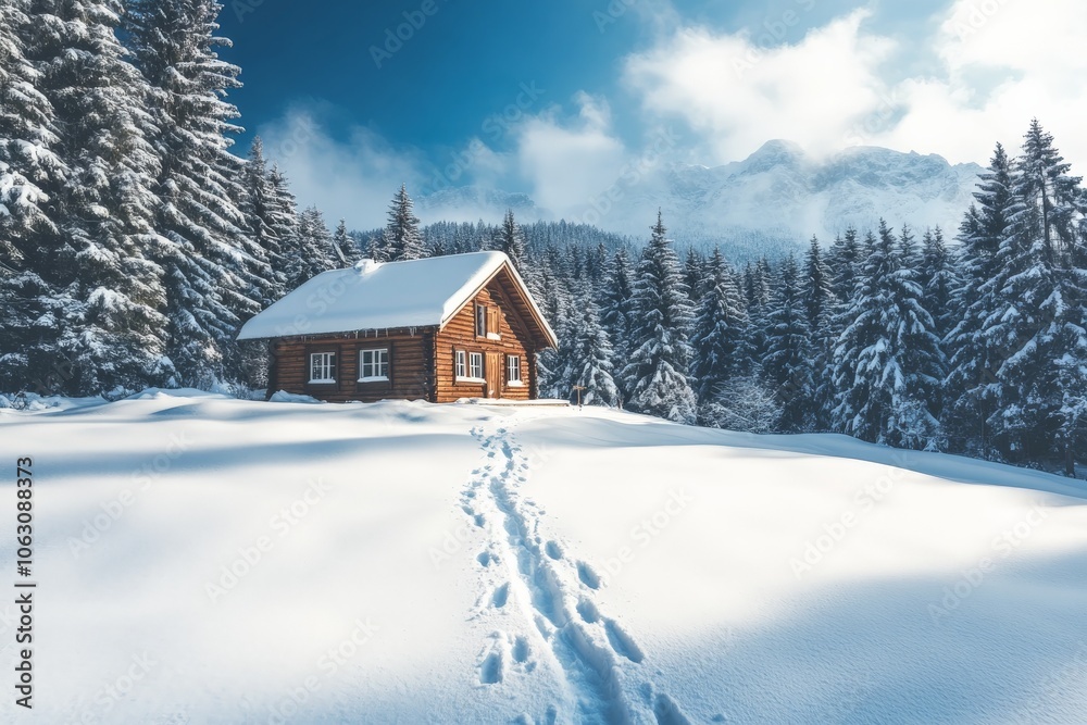 A quaint log cabin set against a breathtaking backdrop of snow-capped mountains, with a trail of footprints leading to the cabin across the pristine snowy field. A quaint log cabin set against a breathtaking backdrop of snow-capped mountains, with a trail of footprints leading to the cabin across the pristine snowy field.