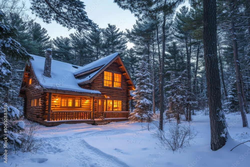 A charming log cabin in the midst of a snowy forest with soft warm lighting emanating from within, creating an inviting and serene winter landscape scene.