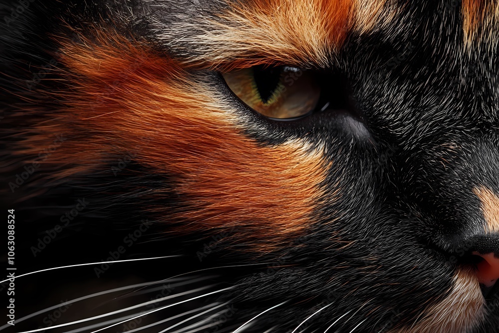 Close-up of the face and eyes of an orange, black, and brown calico cat Close-up of the face and eyes of an orange, black, and brown calico cat